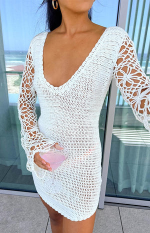 Amlee White Crochet Long Sleeve Mini Dress