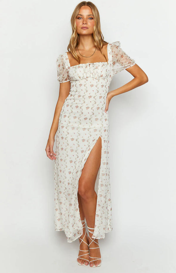 Clydie White Floral Cap Sleeve Midi Dress